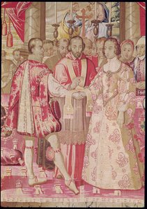Arazzo di Carlo V che raffigura il matrimonio di Carlo V (1500-58) con Isabella del Portogallo (1503-39) nel 1526, dettaglio del cardinale che benedice la coppia, Bruges, c.1630-40 (dettaglio) da Flemish School